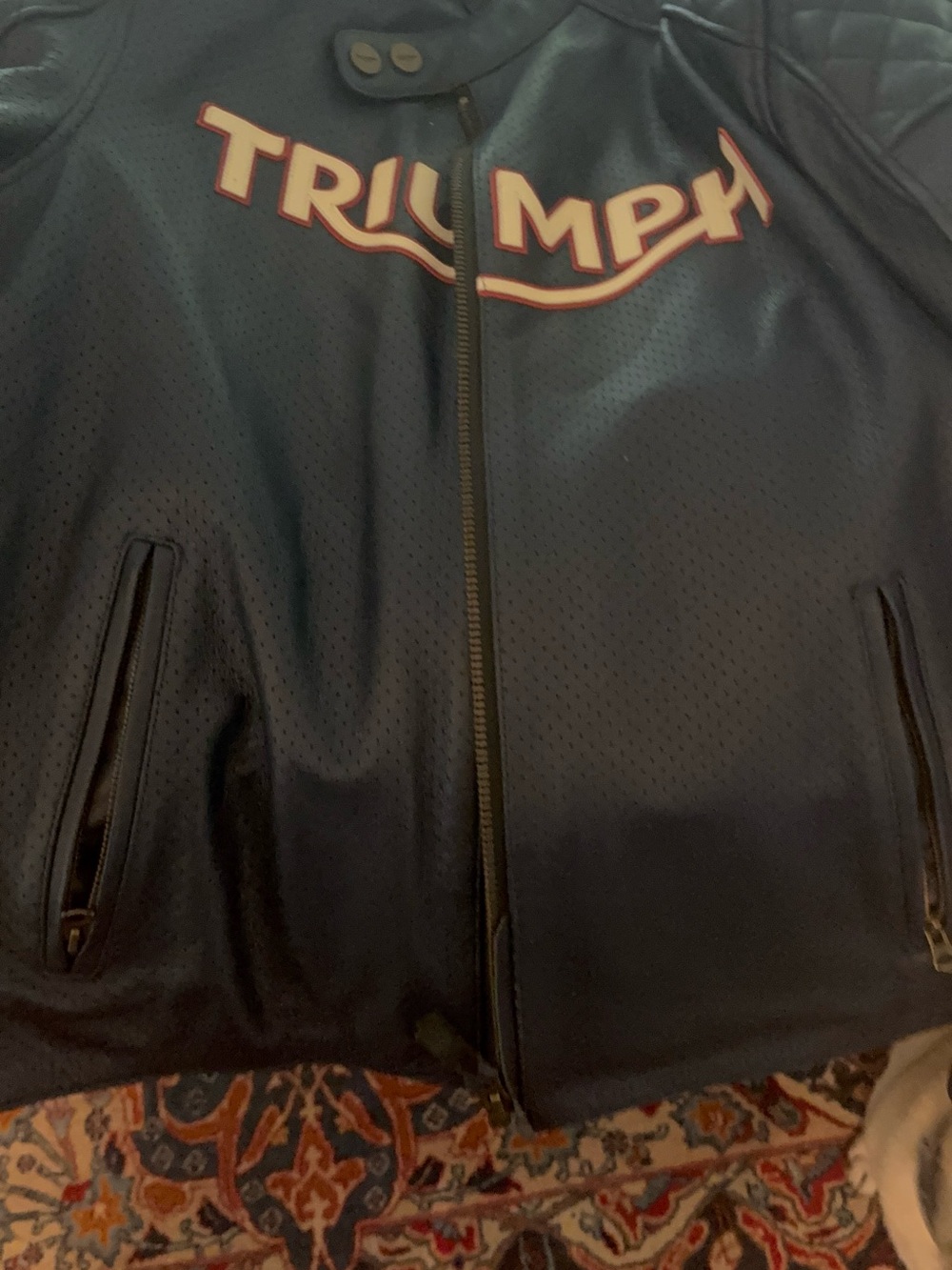 Triumph Navy Perforated Leather Bomber Jacket with Script Logo
